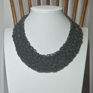Wide Braided Metallic Black Beaded Statement Necklace